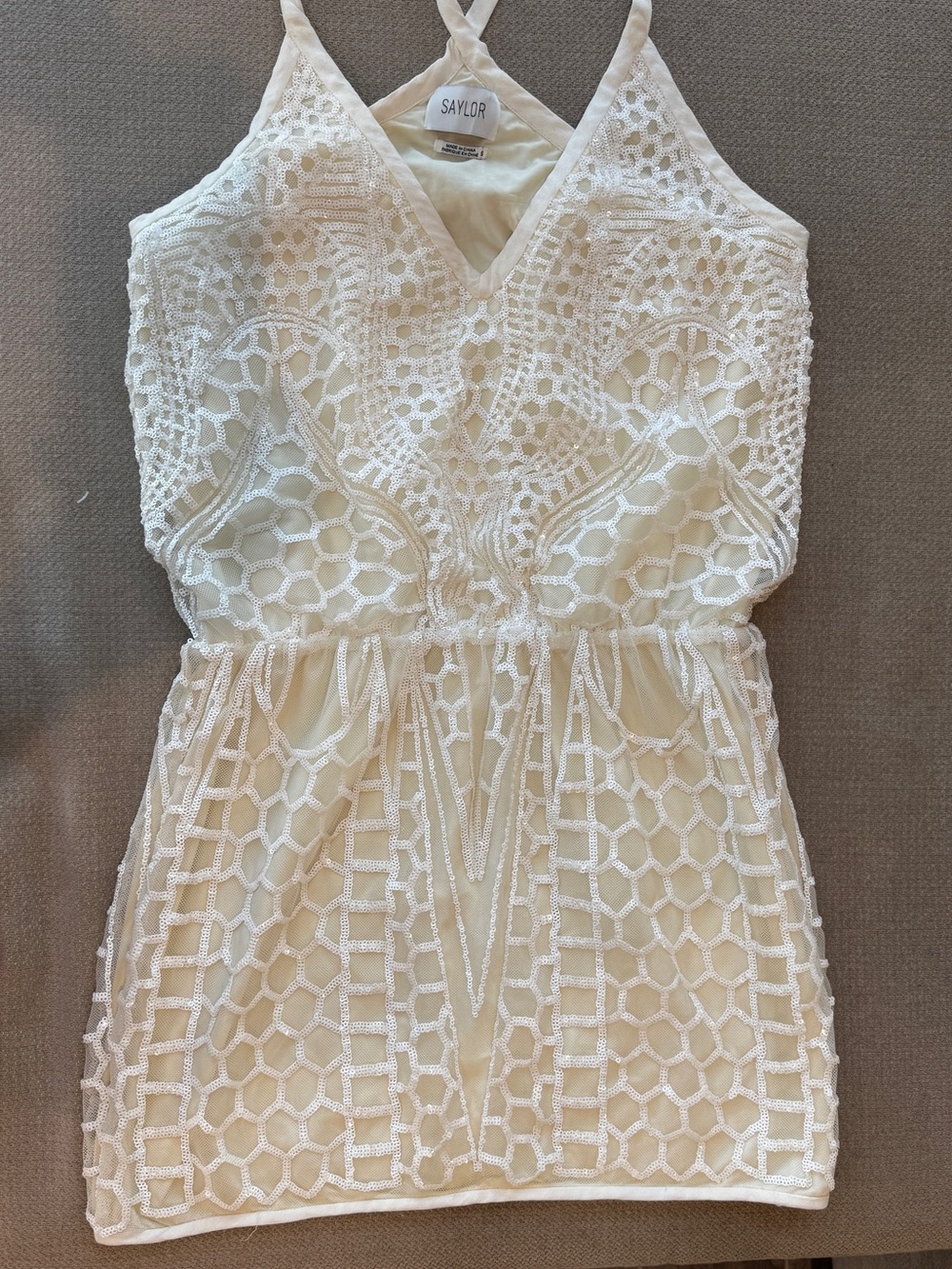 SAYLOR Ivory Sequin Crochet V-Neck Mini Dress